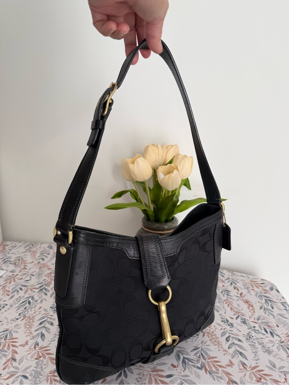 Black Signature Jacquard Shoulder Bag with Gold Hardware